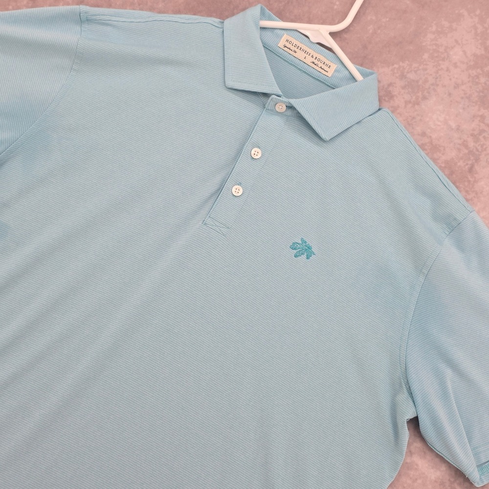 Holderness & Bourne Mens L Golf Polo Shirt Blue White Stripe‎ Signature Fit